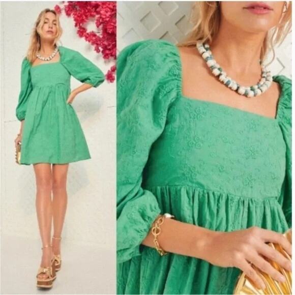 Pomander Place by Tuckernuck Elizabeth Mini Dress Puff Sleeve Green Large NWT - Picture 3 of 6